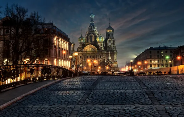 Картинка мост, здания, дома, Санкт-Петербург, собор, храм, Россия, ночной город