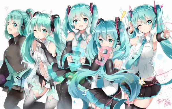 Чулки, наушники, микрофон, vocaloid, hatsune miku, длинные волосы, anime, art