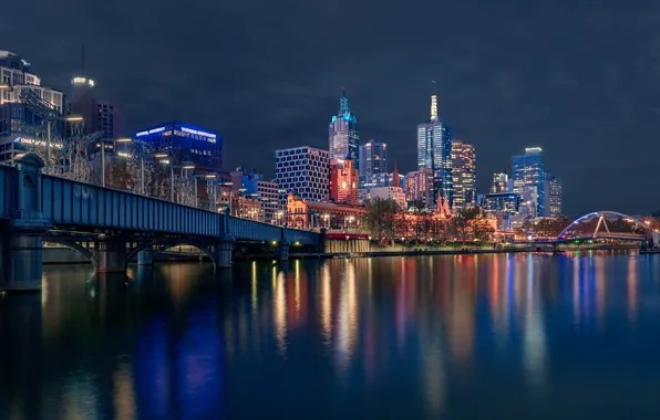 Мост, река, здания, дома, Австралия, ночной город, небоскрёбы, Melbourne