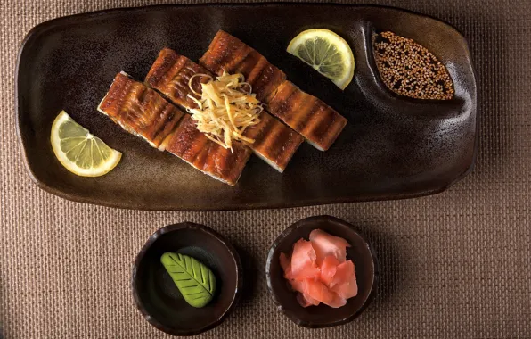 Лимон, Japan, васаби, имбирь, сервировка