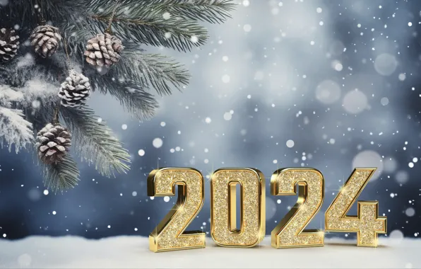 Зима, снег, Новый Год, Рождество, цифры, golden, new year, happy