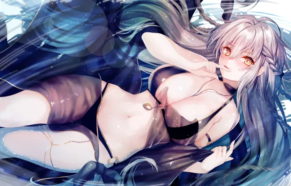 Girl, sexy, cleavage, long hair, boobs, anime, water, beautiful