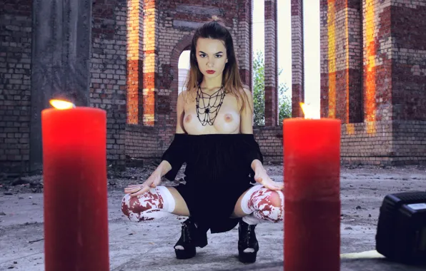 Long hair, brown hair, nipples, stockings, ruins, black dress, necklace, sexy brunette