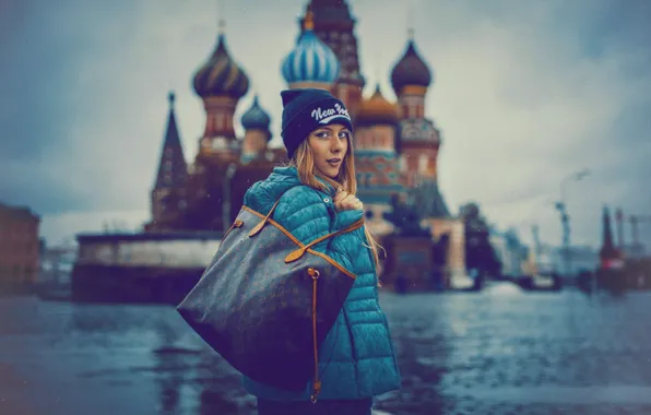 Город, голубой, улица, Девушка, Москва, girl, сумка