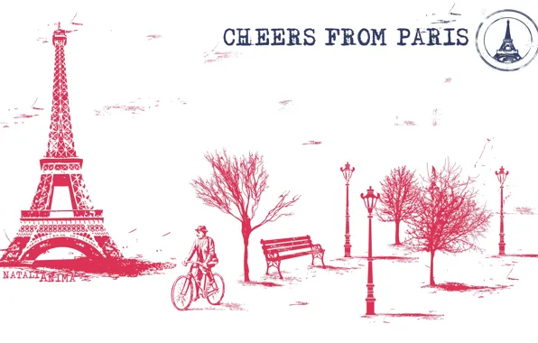 Картинка деревья, скамейка, велосипед, city, Франция, Париж, старик, Эйфелева башня