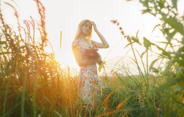 Картинка трава, взгляд, девушка, солнце, свет, платье, цветочки, Alexander Drobkov-Light
