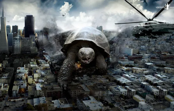 Город, здания, черепаха, разрушение, вертолёт, turtle attacking