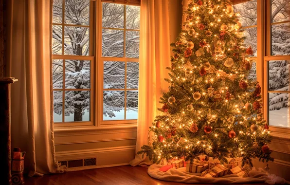 Картинка украшения, lights, комната, шары, елка, интерьер, Новый Год, Рождество