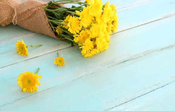 Цветы, букет, весна, желтые, хризантемы, yellow, wood, flowers