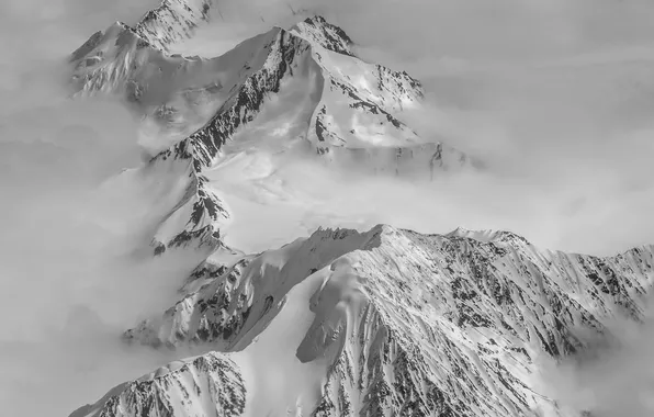 Снег, горы, Аляска, панорама, США, вид с высоты птичьего полета
