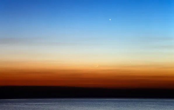 Картинка небо, океан, Луна, горизонт, Меркурий, Венера