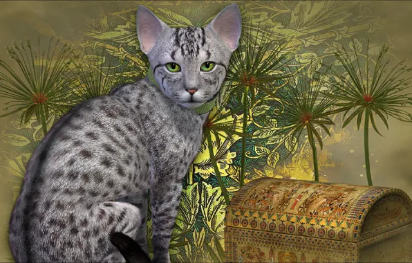 Кот, сундук, cat, rendering, trunk, другое, other, egyptian