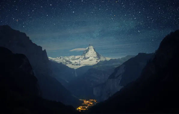 Горы, ночь, долина, городок, Switzerland, Alps, Matterhorn, the Lauterbrunnen valley