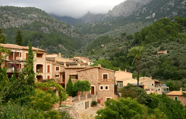 Лес, деревья, горы, дома, долина, Испания, Mallorca, Fornalutx