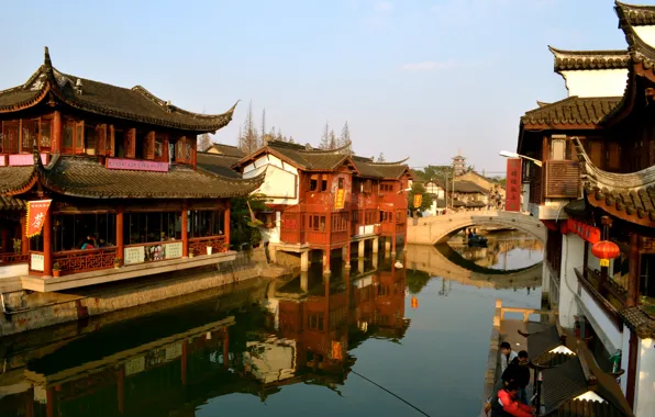 Река, дома, Китай, Shanghai, Шанхай, старый город, Nanxiang Ancient Town