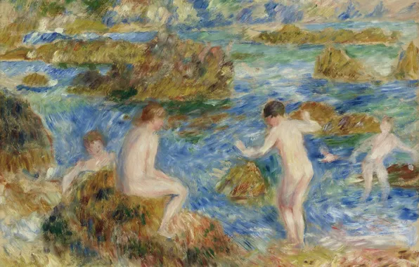 Картина, жанровая, 1883, Пьер Огюст Ренуар, Pierre Auguste Renoir, Nude Boys among the Rocks in …