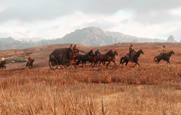 Лошади, арт, карета, конвой, Red Dead Redemption 2, дикий Запад