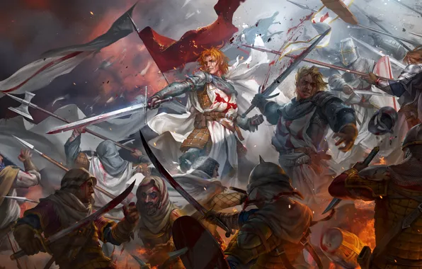 Кровь, битва, мечи, воины, art, crusaders, saracens