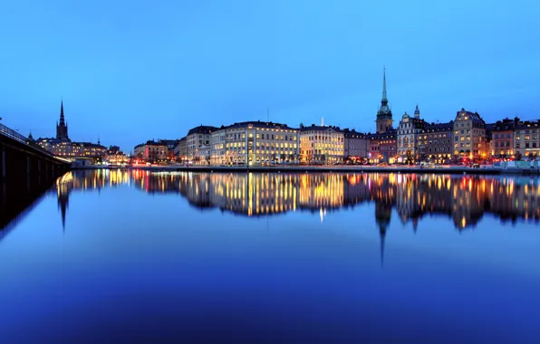 Картинка небо, закат, мост, огни, отражение, река, зеркало, Стокгольм