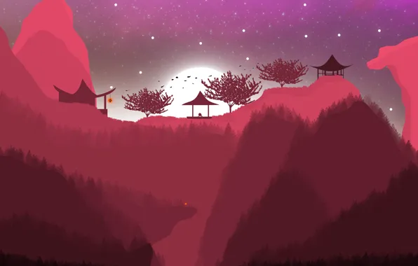Картинка пейзаж, горы, природа, китай, япония, Восток, ночной пейзаж, полнолуние