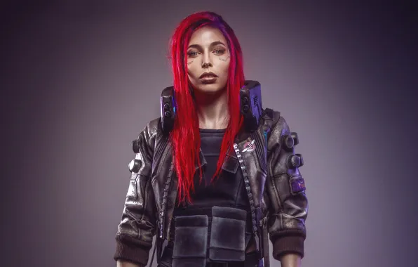 Девушка, красные волосы, Cyberpunk 2077, Киберпанк