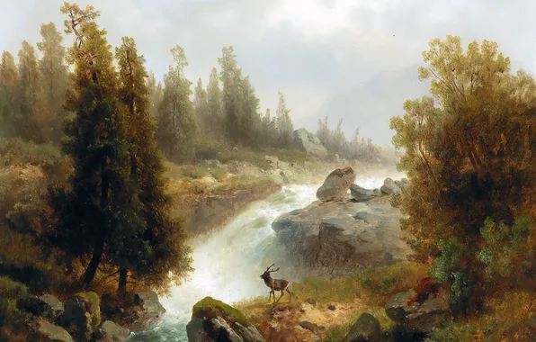 Водопад, Деревья, Картина, Олень, Австрийский художник, Josef Thoma, Йозеф Тома Тома, Олень у водопада