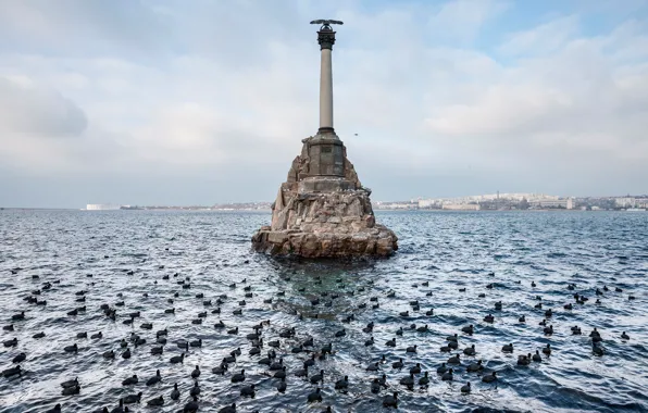 Море, птицы, побережье, памятник, Россия, Крым, Sevastopol, Севастополь