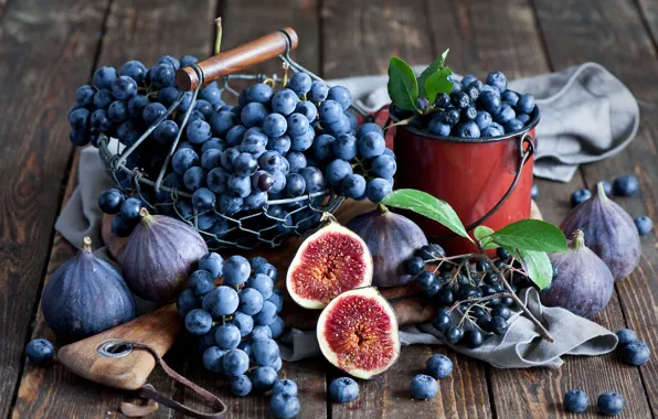 Картинка осень, ягоды, черника, виноград, натюрморт, грозди, инжир, Anna Verdina