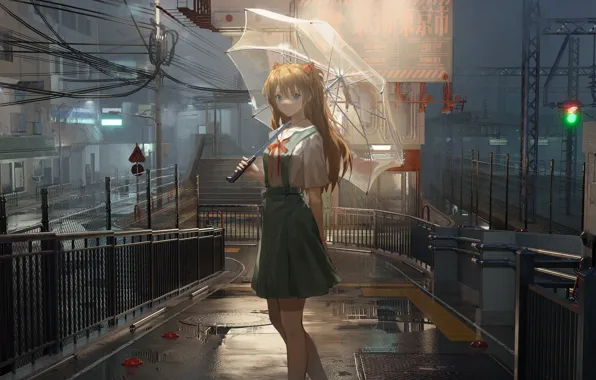 Дорога, девушка, дождь, улица, зонт, Neon Genesis Evangelion, Asuka Langley Soryu
