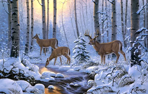 Картинка зима, лес, снег, деревья, ручей, арт, олени, Derk Hansen