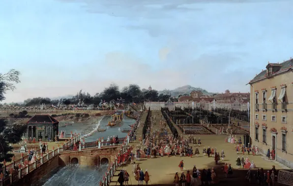 Картинка пейзаж, мост, люди, картина, канал, Francesco Battaglioli, Фердинанд VI и Барбара де Браганса в Садах …