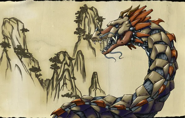 Картинка горы, картина, бронзовый дракон