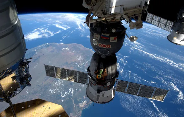 Картинка корабль, Земля, космический, Союз, пилотируемый, Soyuz, TMA15M