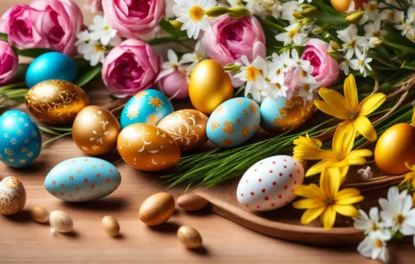 Картинка цветы, яйца, весна, colorful, Пасха, happy, flowers, spring