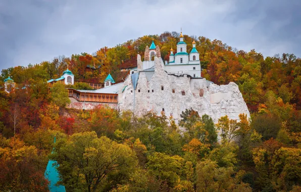 Картинка осень, лес, небо, листья, деревья, церковь, Украина, монастырь