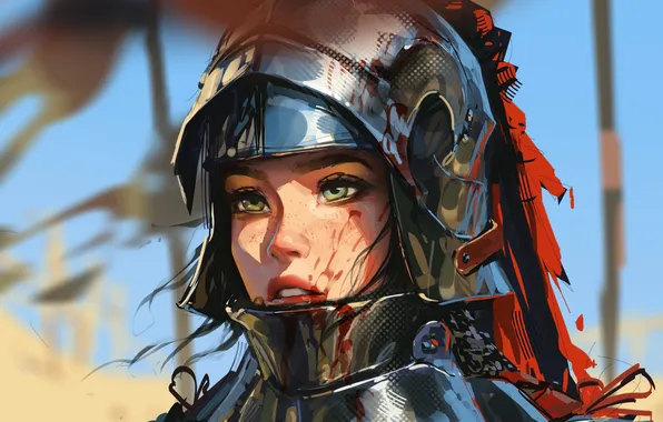 Картинка girl, blood, fantasy, armor, green eyes, Warrior, digital art, artwork