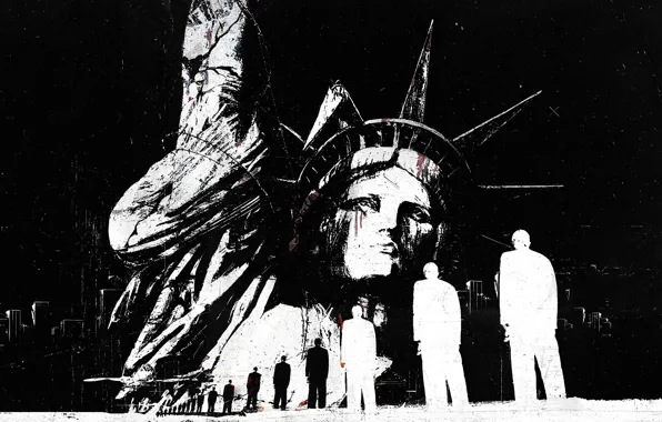 Люди, здания, abstract, черно белое, USA, Америка, гранж, statue of liberty