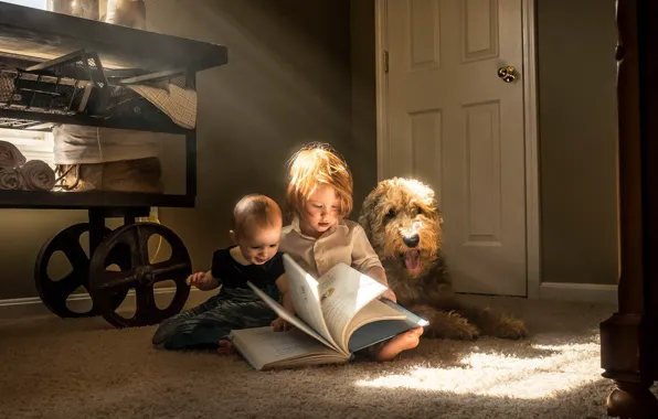 Картинка дети, собака, книга