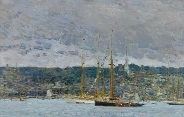 Пейзаж, корабль, картина, мачта, Ньюпорт, Frederick Childe Hassam, Чайльд Гассам
