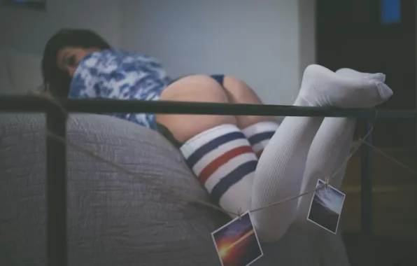 Попка, девушка, модель, кровать, чулки, фотографии, girl, ножки