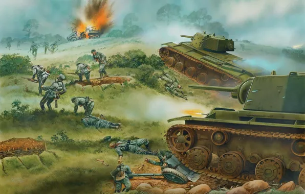 Картинка рисунок, нападение, танки, Великая Отечественная война, КВ-1, тяжелые танки, советские