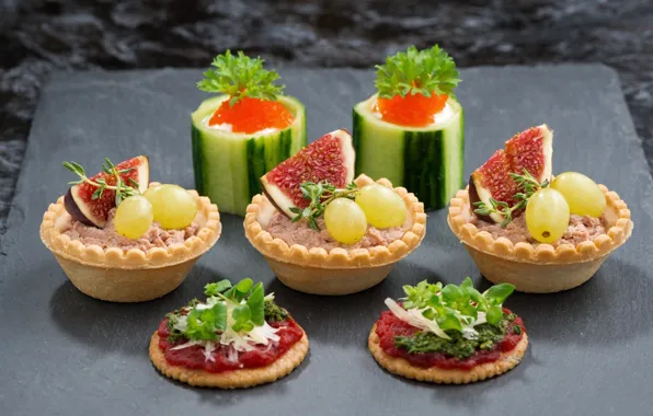 Мини, виноград, икра, огурцы, инжир, закуски, паштет