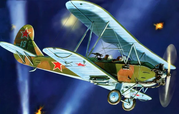 Самолет, бомбардировщик, ночной, многоцелевой, советский, биплан, WW2., небе