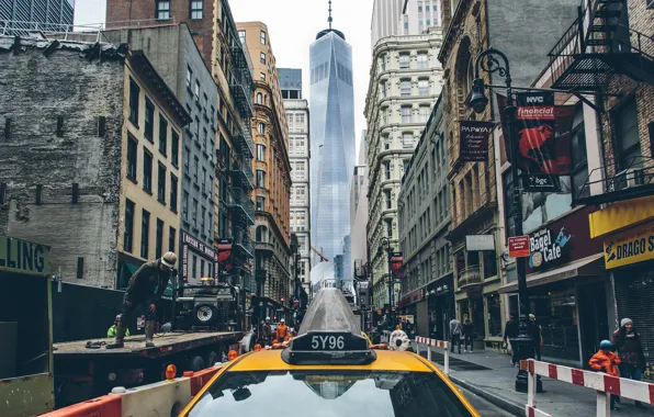 Люди, улица, здания, Нью-Йорк, рабочие, такси, Манхэттен, быт