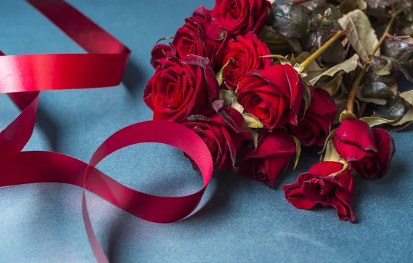 Цветы, розы, букет, лента, красные, red, flowers, beautiful