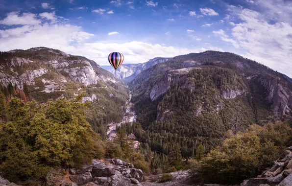Облака, деревья, природа, воздушный шар, скалы, Йосемити, Yosemite, California