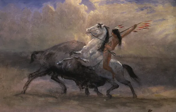 Картинка картина, охота, индеец, жанровая, Альберт Бирштадт, Последний Бизон