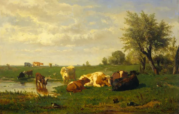 Картинка пейзаж, картина, Коровы на Лугу, Albert Gerard Bilders