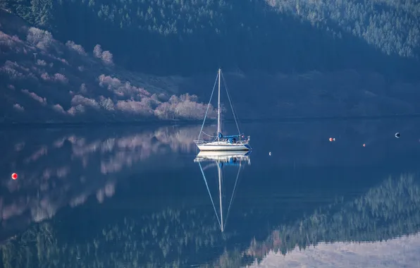 Картинка озеро, отражение, яхта, Шотландия