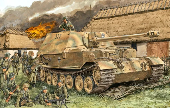 Картинка MG-42, Elefant, Вермахт, 653 Schwerer Panzerjager Abteilung, Изгородь, Горящая изба, cолдаты